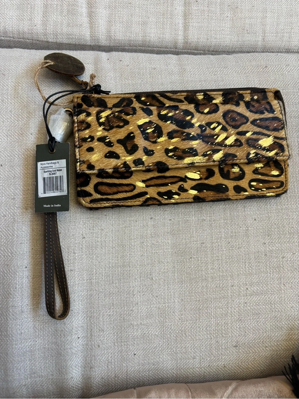 NWT Myra Bag Sparkling Gold Hide Leather Leopard Wallet Wristlet Clutch